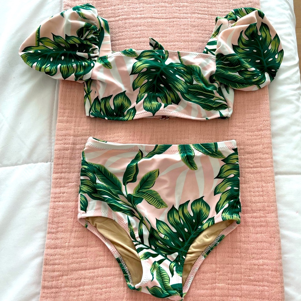 Shade Critters Puff Sleeve Two Piece Bikini- Pink Palm